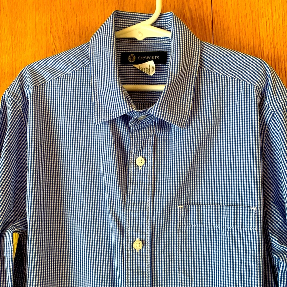 CrewCuts J Crew size 12 boy blue white tiny check pocket button down shirt EUC